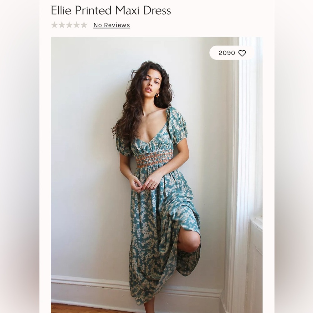 Free People Ellie Floral Printed Maxi Dress - Sz Medium -Smocked Peasant Seafoam